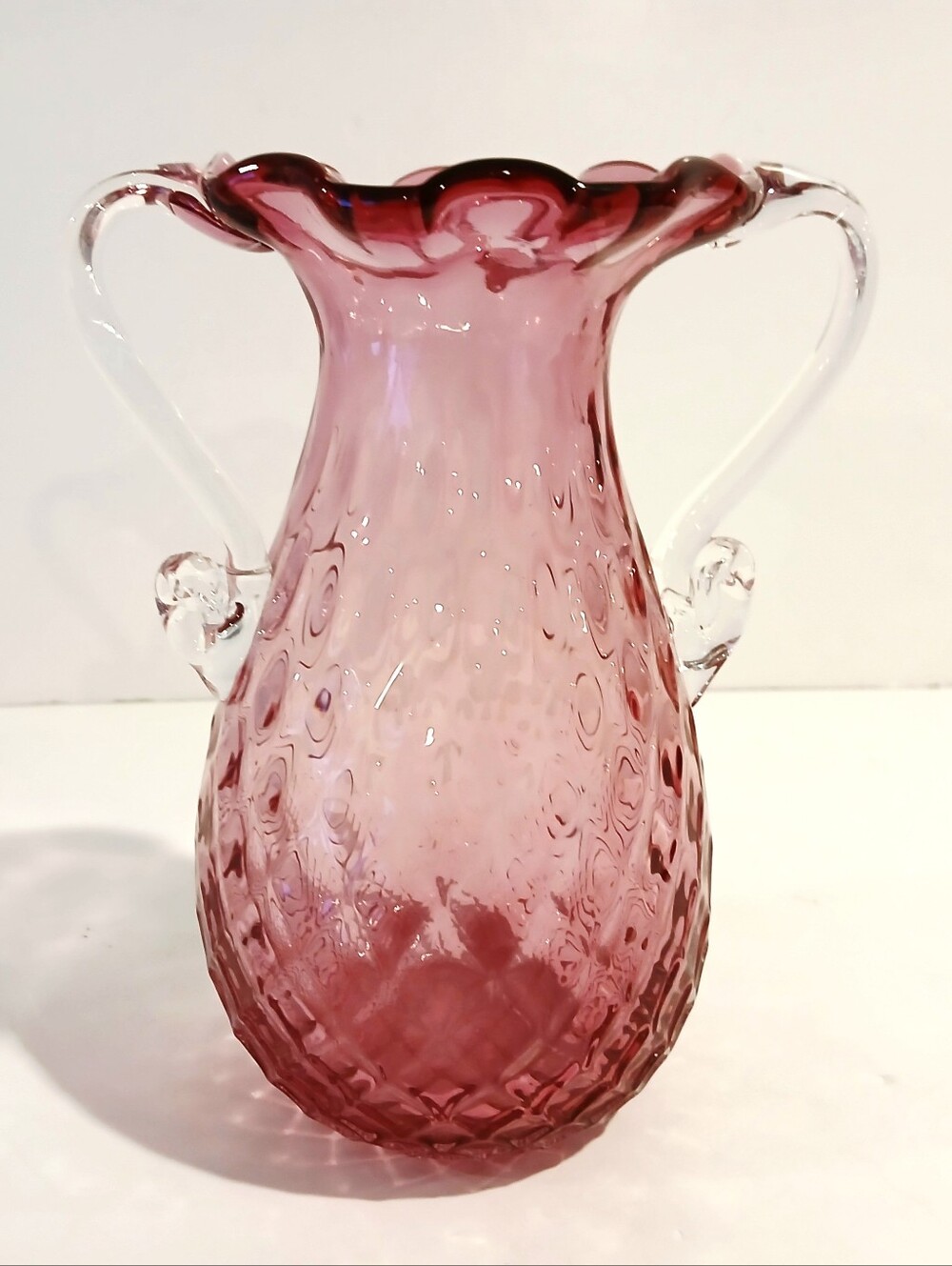 Vintage Cranberry Pink Blown Art Glass Two-Handled Pitcher Vase